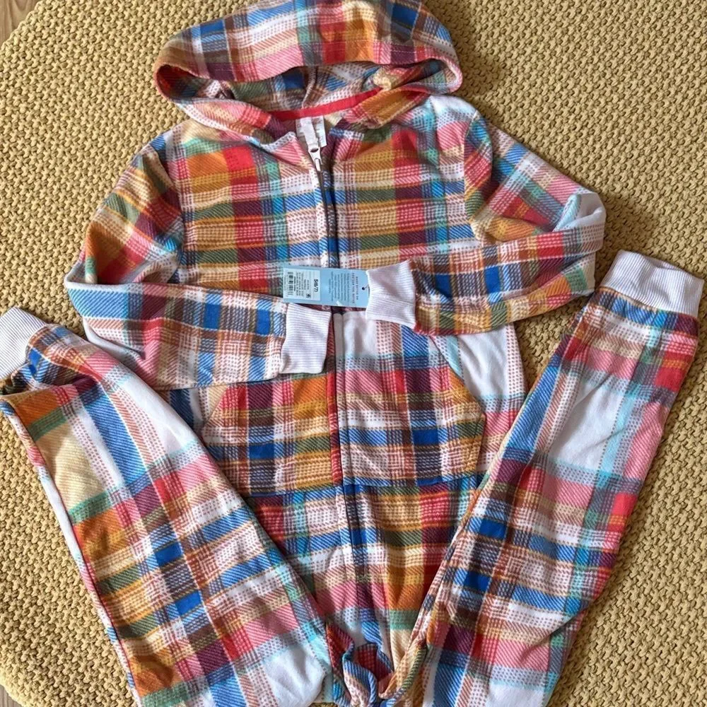 NWT ONE Piece Colorful Plaid Hooded Jumpsuit Pajamas S 6/7